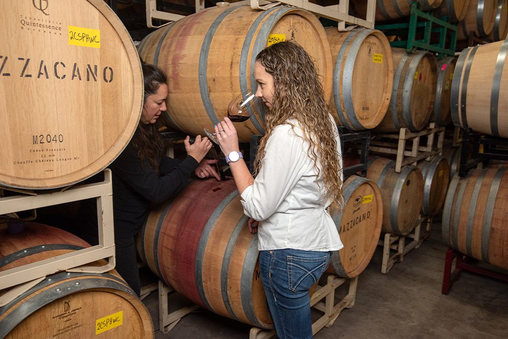 wine tasting in a barrel room