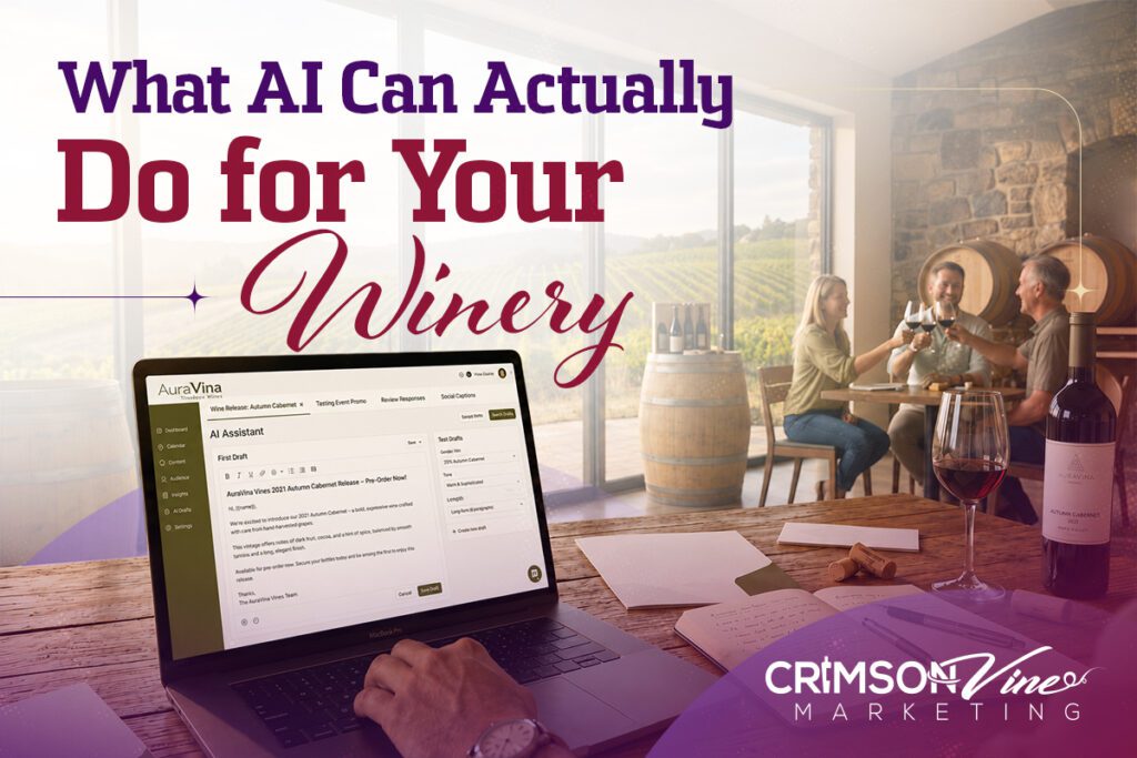Laptop showing AI tools in winery tasting room