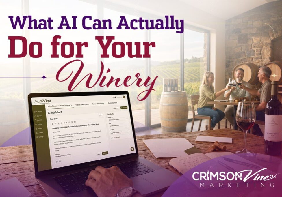 Laptop showing AI tools in winery tasting room