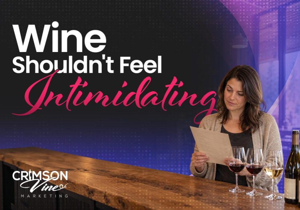 Woman reviews wine list beside glasses beneath marketing message.